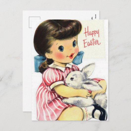 レトロビンテージの女の子のイースターバニー ポストカード (正面/裏面)
