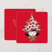 レトロビンテージクリスマスの女の子と木の帽子 シーズンカード (正面/裏面)