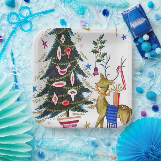 レトロビンテージクリスマストインデナーとツリーパーティー ペーパープレート (パーティー)
