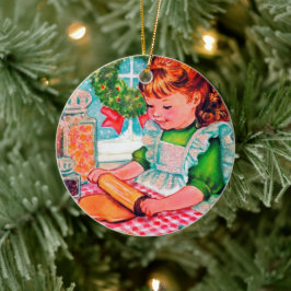 レトロビンテージクリスマスベーキングガールオーナメント セラミックオーナメント