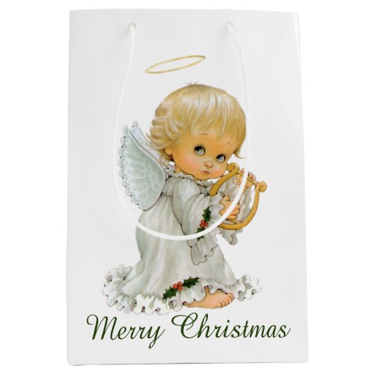 レトロビンテージクリスマスホリデーエンジェルパーティー ミディアムペーパーバッグ (正面)
