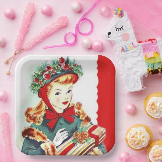 レトロビンテージクリスマスホリデーレディパーティーナプキン ペーパープレート (パーティー)