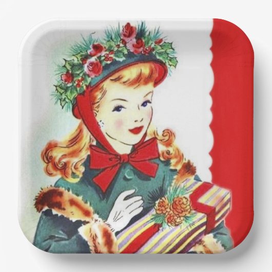レトロビンテージクリスマスホリデーレディパーティーナプキン ペーパープレート (正面)
