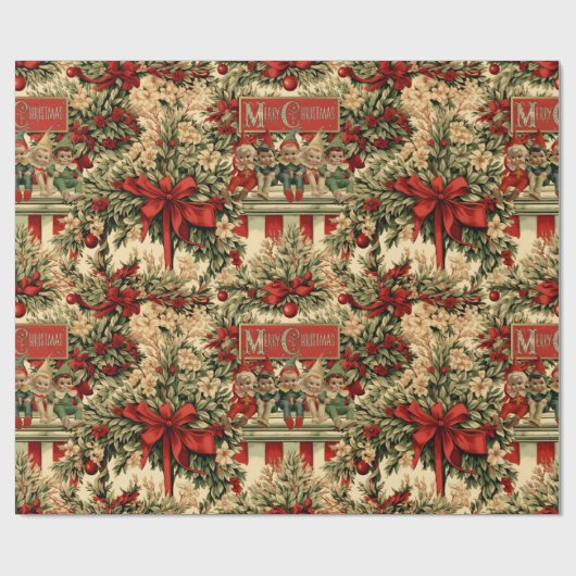 レトロビンテージクリスマス小妖精や小人オンザシェルフ ラッピングペーパー (フラット)