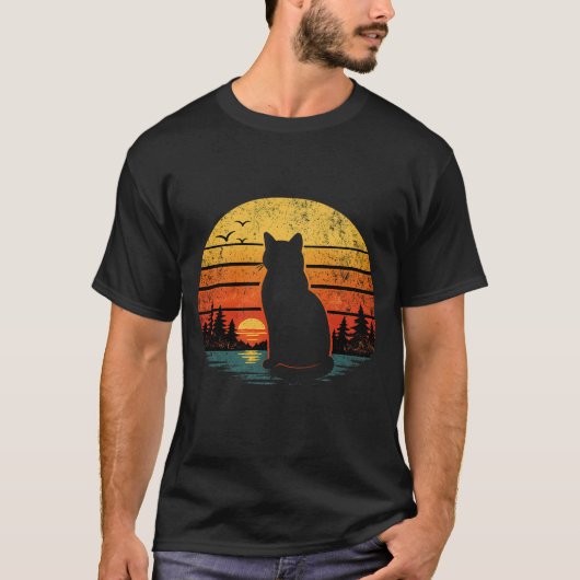 レトロビンテージ80年代の猫の夕焼け Tシャツ (正面)