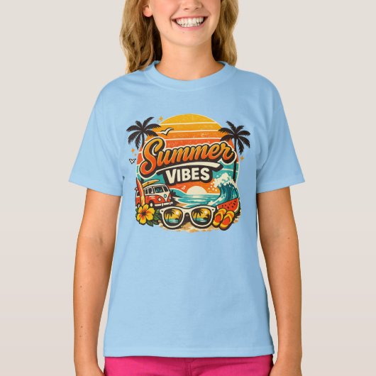 レトロビーチの夏の夕焼け Tシャツ (正面)