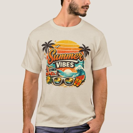 レトロビーチの夕焼け 夏の気分  Tシャツ (正面)