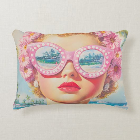 レトロビーチガールとフローラサングラス アクセントクッション (正面)