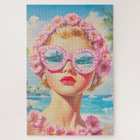 レトロビーチガールとフローラサングラス ジグソーパズル (縦)