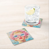 レトロビーチガールとフローラサングラス スクエアペーパーコースター (インサイチュ)