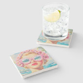 レトロビーチガールとフローラサングラス ストーンコースター (横)