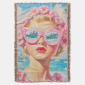 レトロビーチガールとフローラサングラス スローブランケット (正面縦)