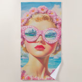 レトロビーチガールとフローラサングラス ビーチタオル (正面)