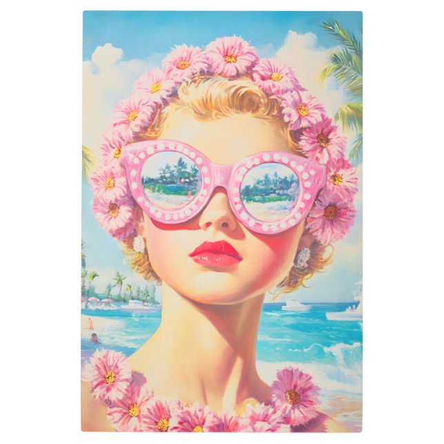 レトロビーチガールとフローラサングラス メタルプリント (正面)