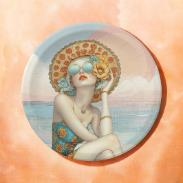 レトロビーチグラマラスなサングラスの女性 ペーパープレート