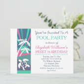 レトロビーチサンセットスイート16誕生日プールパーティー 招待状 (スタンド正面)