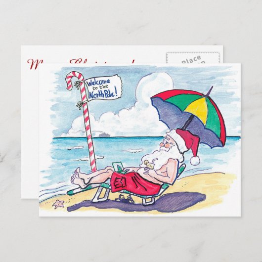 レトロビーチサンタクロースクリスマス シーズンポストカード (正面/裏面)
