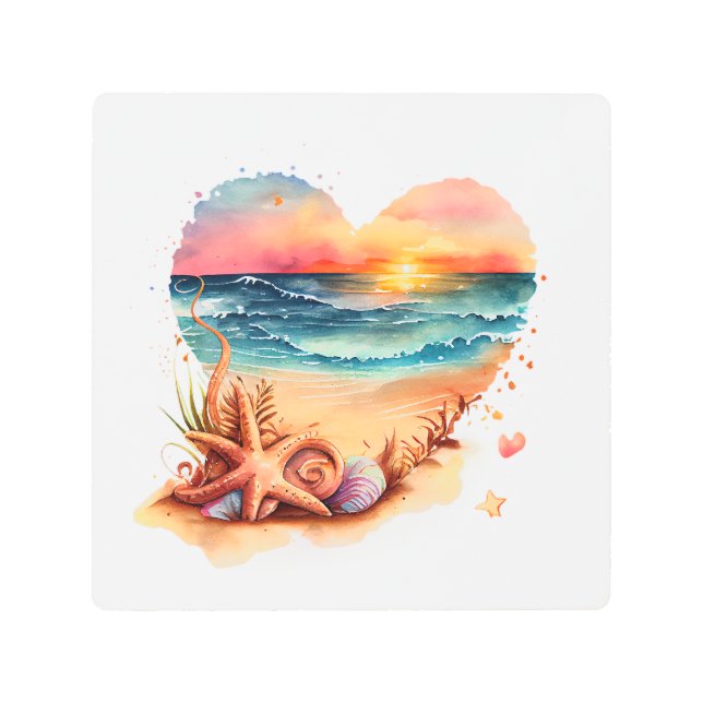 レトロビーチハート水色 メタルプリント (正面)