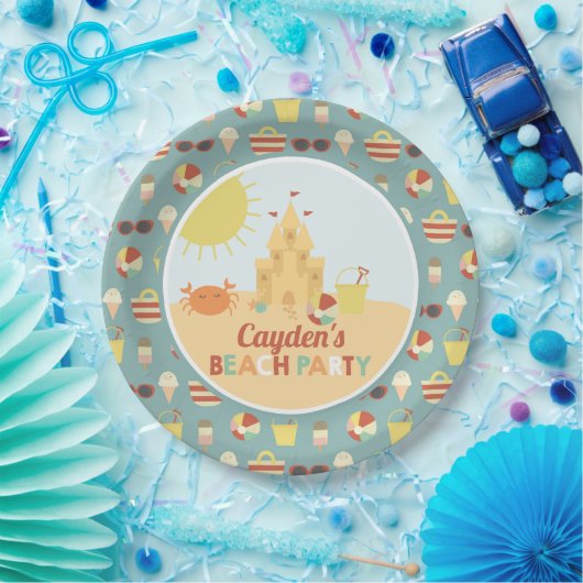 レトロビーチパーティーサマーサンドキャッスル誕生日パプ ペーパープレート (パーティー)