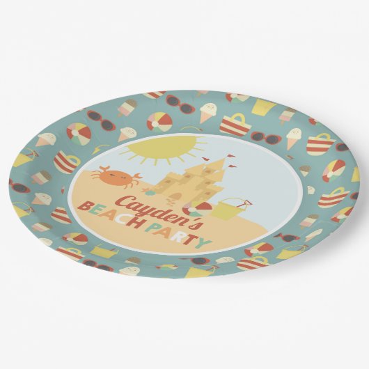 レトロビーチパーティーサマーサンドキャッスル誕生日パプ ペーパープレート (アングル)