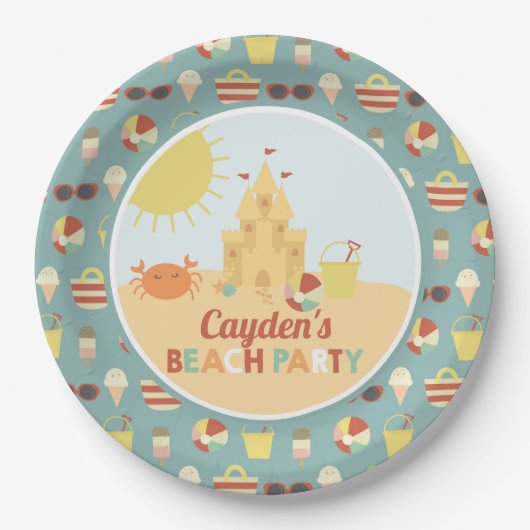 レトロビーチパーティーサマーサンドキャッスル誕生日パプ ペーパープレート (正面)