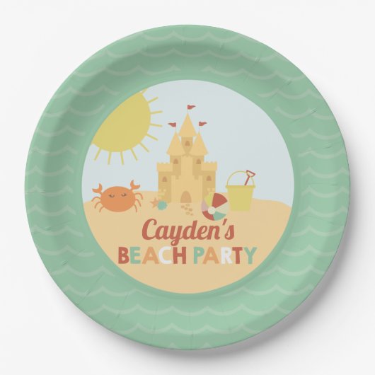 レトロビーチパーティーサマーサンドキャッスル誕生日 ペーパープレート (正面)