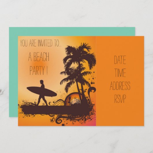 レトロビーチパーティーサンセットビーチサーファー 招待状 (正面/裏面)
