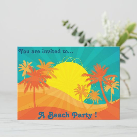 レトロビーチパーティーサンセットビーチヤシの木 招待状 (スタンド正面)