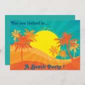 レトロビーチパーティーサンセットビーチヤシの木 招待状 (正面/裏面)