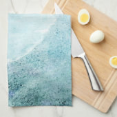 レトロビーチ-コースタルティール(緑がかった色)ブルー海水彩 キッチンタオル (四つ折り)