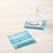 レトロビーチ-コースタル海ティール(緑がかった色)青水彩 スクエアペーパーコースター (インサイチュ)