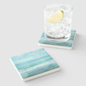 レトロビーチ-コースタル海ティール(緑がかった色)青水彩 ストーンコースター (横)