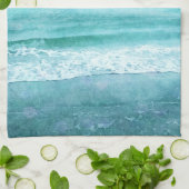 レトロビーチ – 沿岸海ティール(緑がかった色)ブルーウォーター色 キッチンタオル (折り畳み)