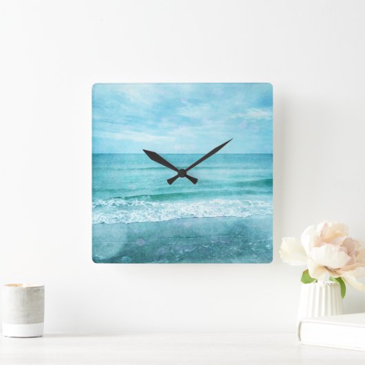 レトロビーチ – 沿岸海ティール（緑がかった色）ブルーウォーター色 スクエア壁時計 (ホーム)