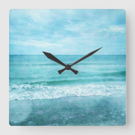 レトロビーチ – 沿岸海ティール（緑がかった色）ブルーウォーター色 スクエア壁時計