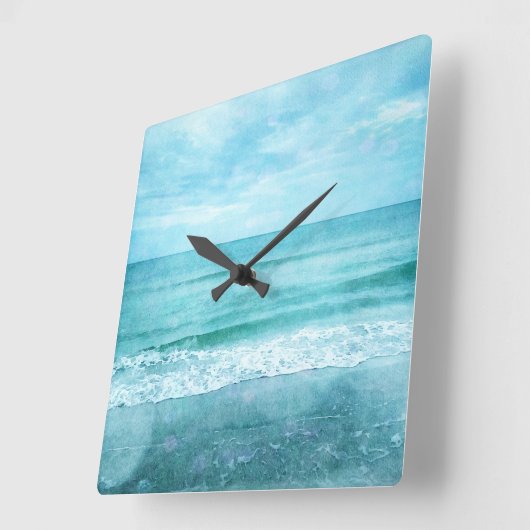 レトロビーチ – 沿岸海ティール（緑がかった色）ブルーウォーター色 スクエア壁時計 (傾斜)
