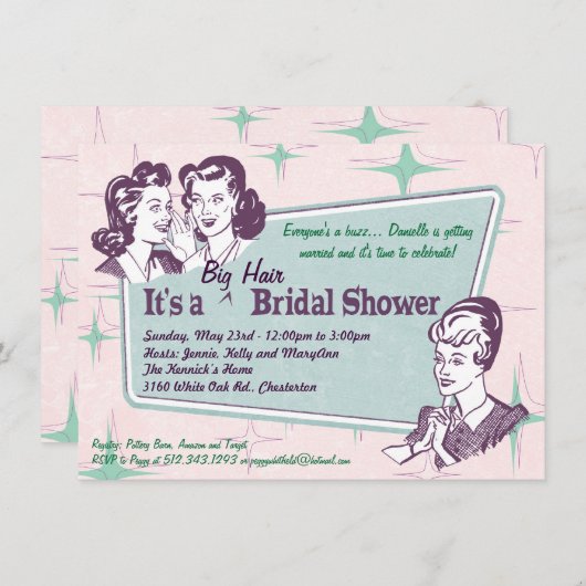 レトロビーハイブヘアービッグヘアブライダルシャワー-smlr 招待状 (正面/裏面)