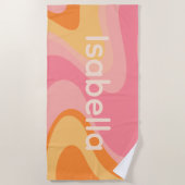 レトロビービー抽象芸術スワール60sピンクとオレンジ ビーチタオル (正面)