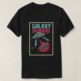 レトロピクセルアート ネオンピンクとティールギャラクシーインベーダー Tシャツ