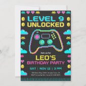 レトロピクセルゲーマーのためのゲーム誕生日招待状 招待状 (正面)