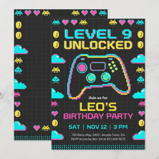 レトロピクセルゲーマーのためのゲーム誕生日招待状 招待状