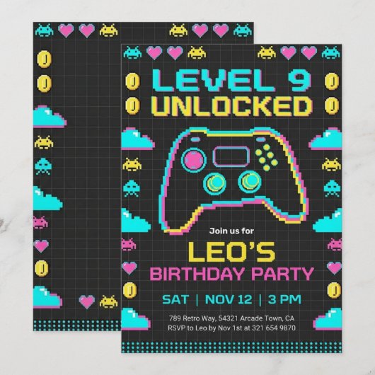 レトロピクセルゲーマーのためのゲーム誕生日招待状 招待状 (正面/裏面)