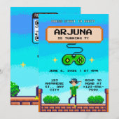 レトロピクセルビデオゲームの誕生日招待状QR 招待状 (正面/裏面)