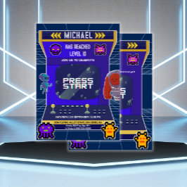 レトロピクセルビデオゲームアーケードバースデーパーティー 招待状