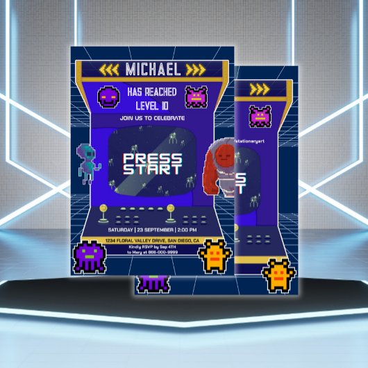 レトロピクセルビデオゲームアーケードバースデーパーティー 招待状
