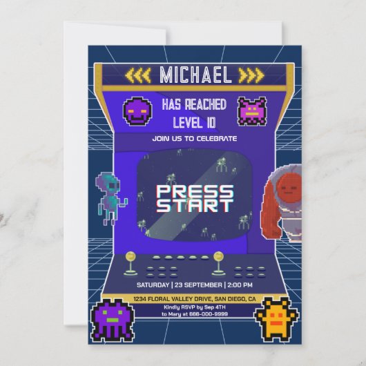 レトロピクセルビデオゲームアーケードバースデーパーティー 招待状 (正面)