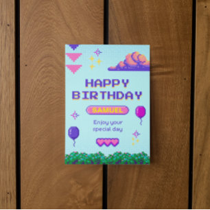レトロピクセルブルーパープル誕生日B-Day 招待状