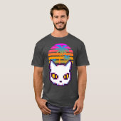 レトロピクセル子猫ヤシの木夕焼け Tシャツ (正面フル)