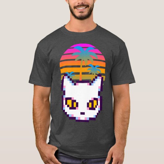 レトロピクセル子猫ヤシの木夕焼け Tシャツ (正面)