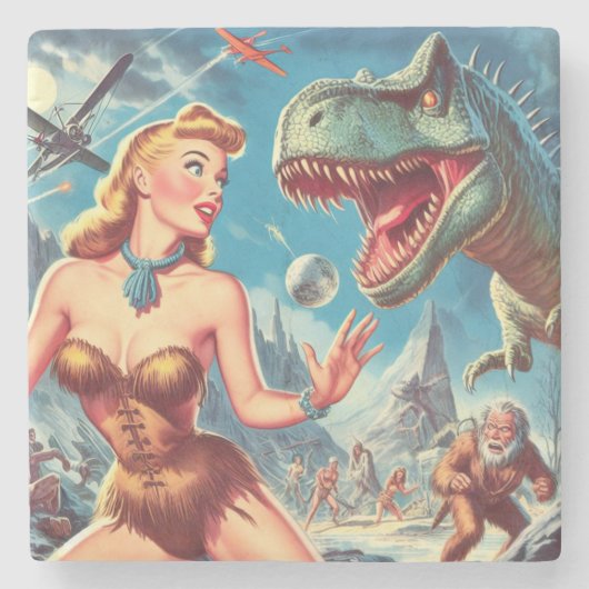 レトロピンアップと恐竜 ストーンコースター (正面)